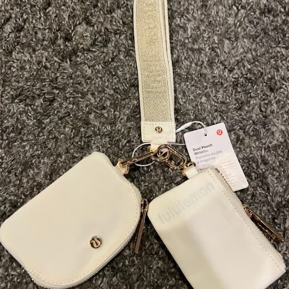 lululemon athletica Cream Dual Pouch Wristlet with Gold Hardware